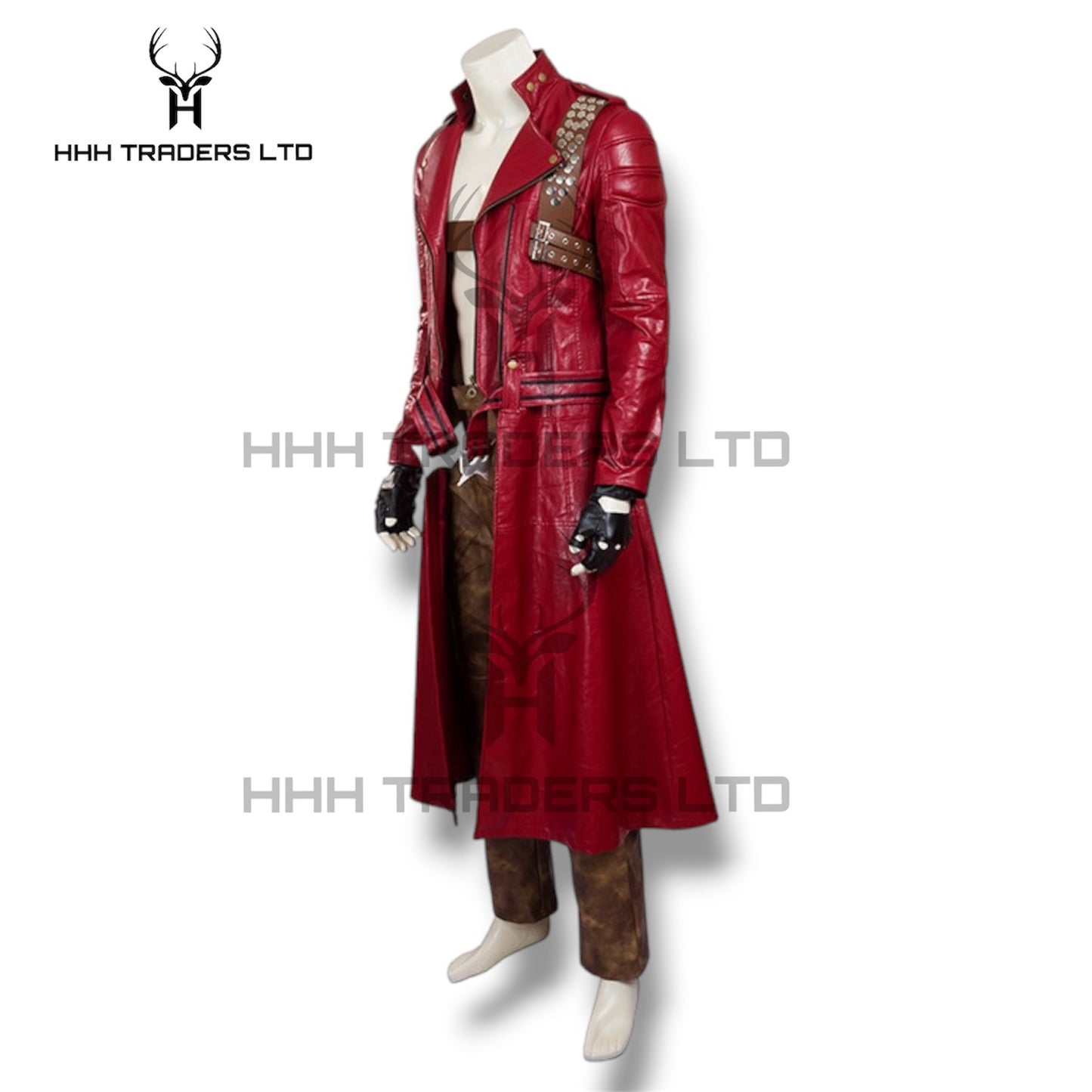 DMC 3 Dante Leather Trench Coat | Devil May Cry 3 Cosplay Costume | Unisex Full Set - Red Trench Coat, Trousers, Dual Gun Holsters & Gloves