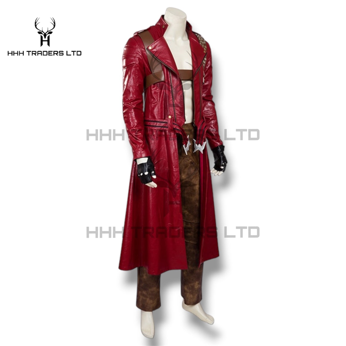 DMC 3 Dante Leather Trench Coat | Devil May Cry 3 Cosplay Costume | Unisex Full Set - Red Trench Coat, Trousers, Dual Gun Holsters & Gloves