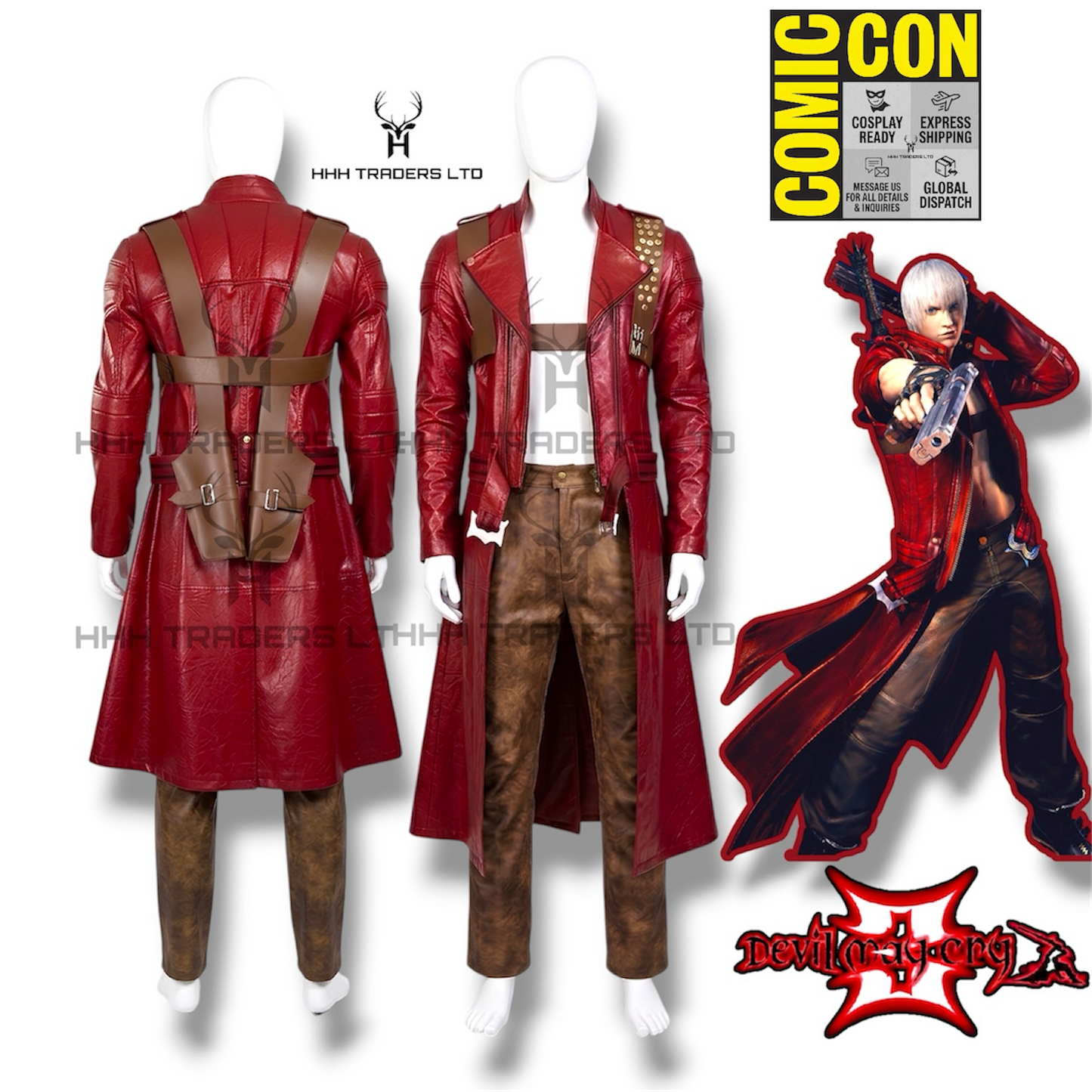 DMC 3 Dante Leather Trench Coat | Devil May Cry 3 Cosplay Costume | Unisex Full Set - Red Trench Coat, Trousers, Dual Gun Holsters & Gloves
