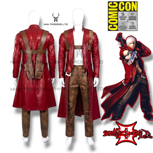 DMC 3 Dante Leather Trench Coat | Devil May Cry 3 Cosplay Costume | Unisex Full Set - Red Trench Coat, Trousers, Dual Gun Holsters & Gloves