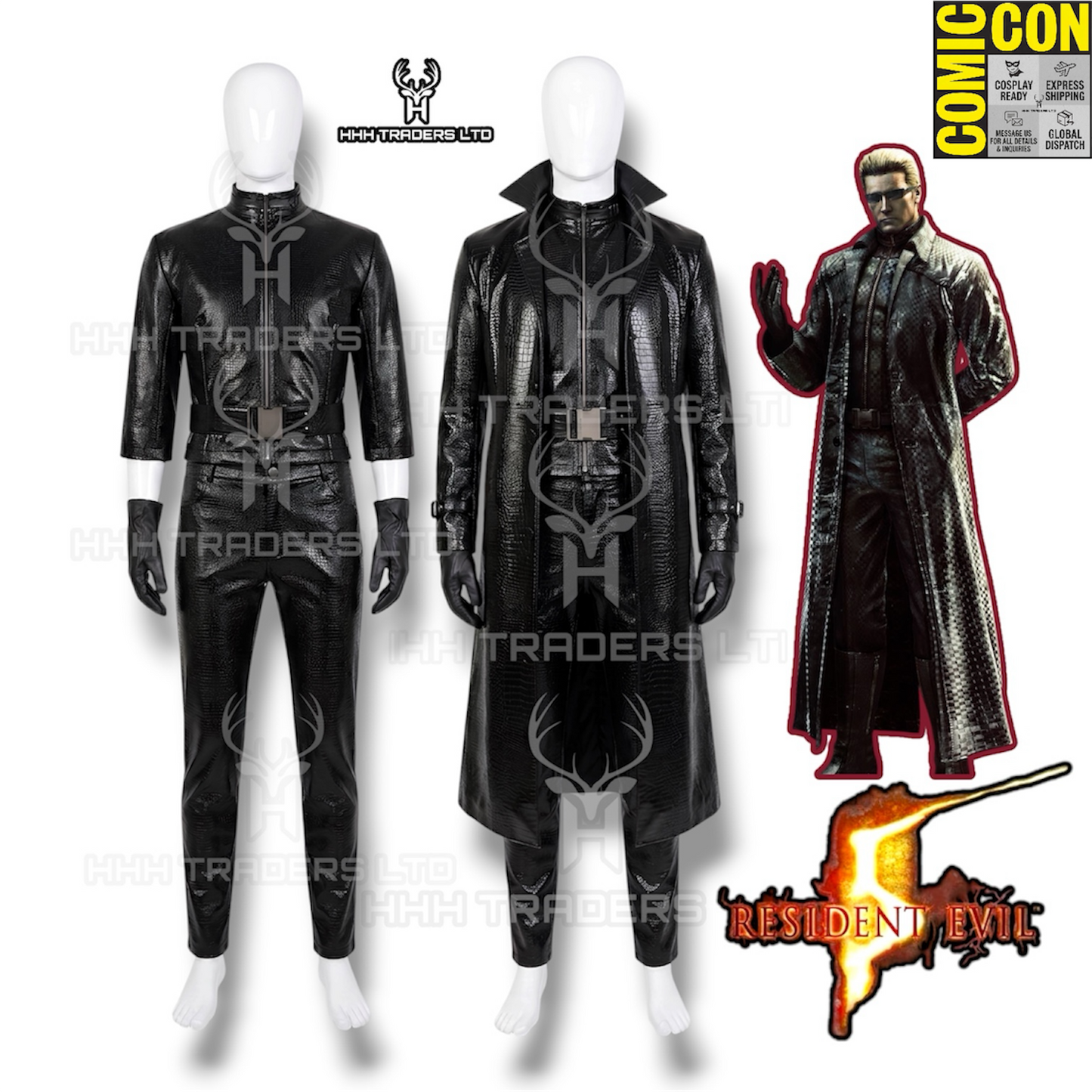 Albert Wesker Cosplay Full Set | Resident Evil 5 Leather Trench Coat & Outfit | Cowhide Leather Costume (Coat, Shirt, Pants, Belt)